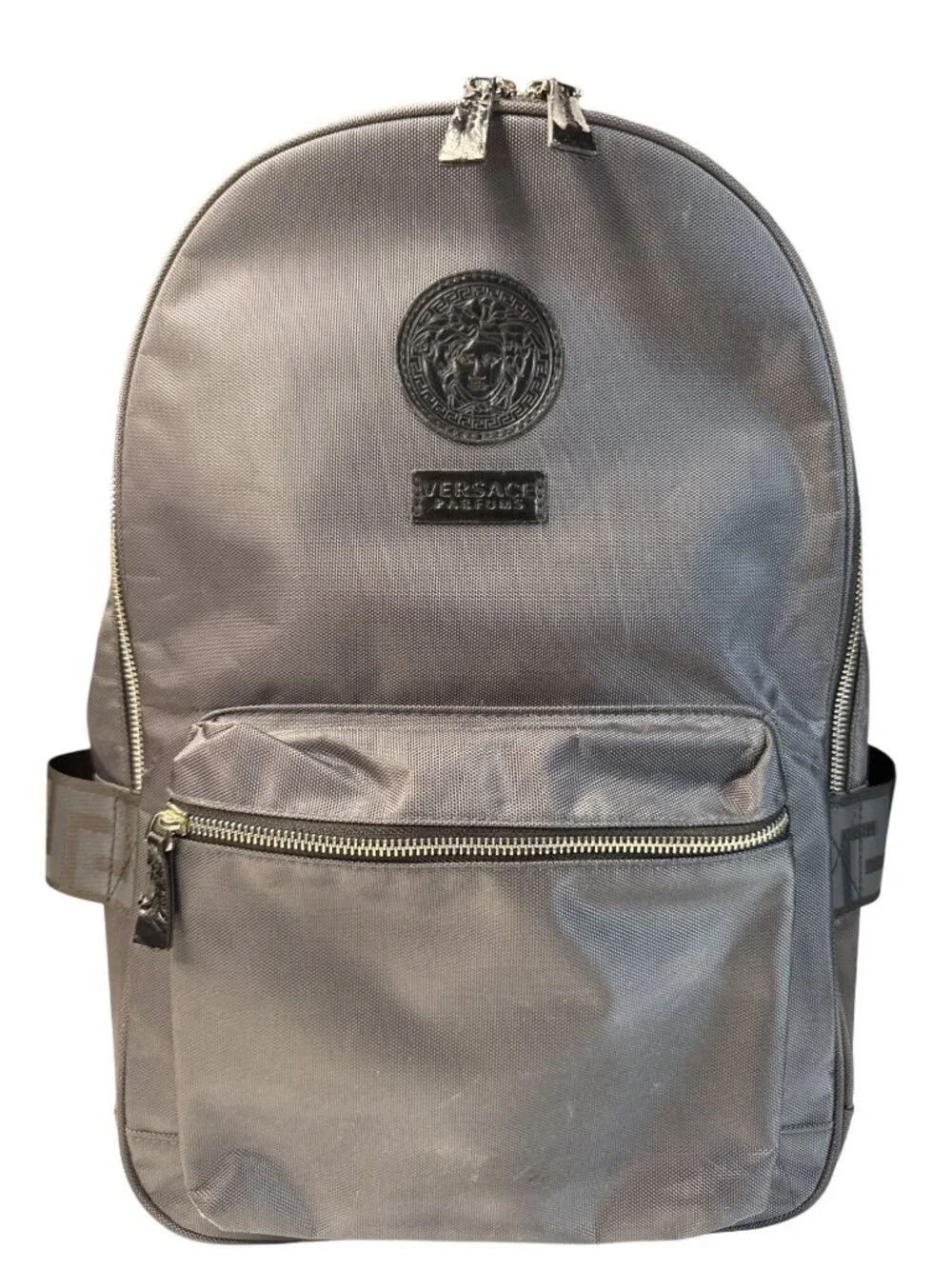 Versace Parfums Gray Backpack W/ Greek Key Straps Front Pocket